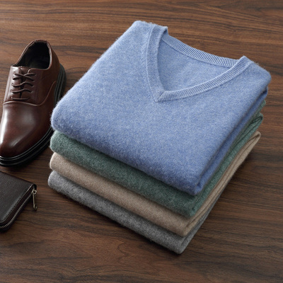 100山羊绒衫男商务休闲时尚套头V领羊毛针织衫打底毛衣秋冬鸡心领