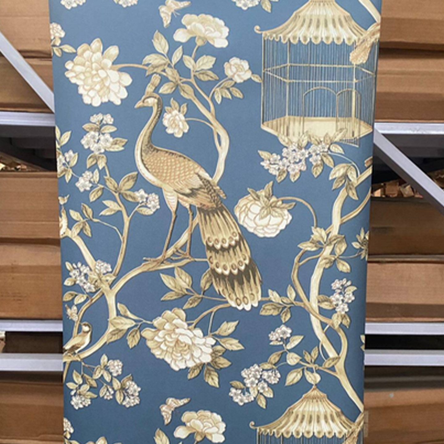 中式风孔雀鸟笼花鸟无纺布壁纸环保卧室床头电视沙发玄关背景墙纸