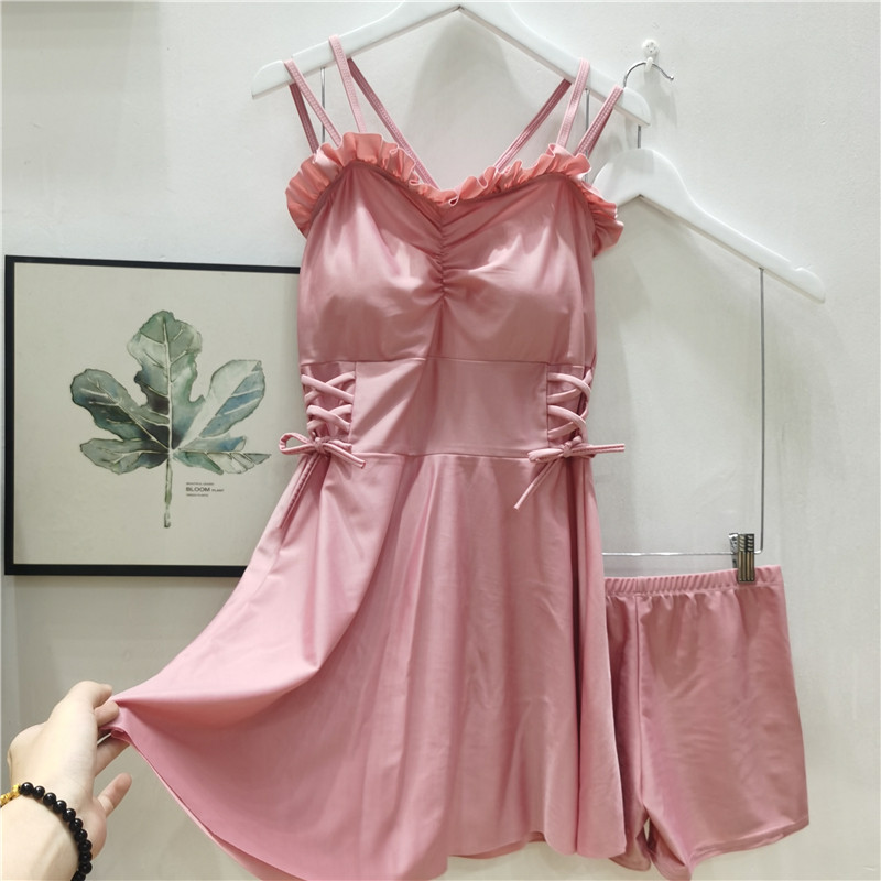 韩版甜美吊带纯色两件套泳衣女小胸聚拢显瘦遮肚平角裤分体游泳装