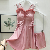 分体游泳装 韩版 甜美吊带纯色两件套泳衣女小胸聚拢显瘦遮肚平角裤