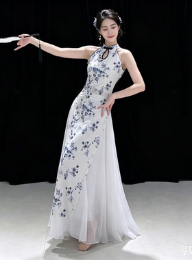 女人花舞蹈服装黑白弹力旗袍演出服夜上海青花瓷名族风练功服表演