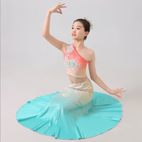 儿童傣族舞蹈演出服女童孔雀舞包臀鱼尾裙小河淌水彩云之南演出服