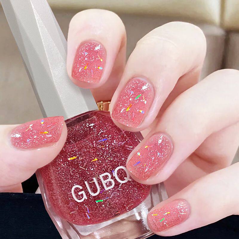 网红指甲油亮晶晶七彩粉色免烤美甲油套装细闪快干防水学生不可撕