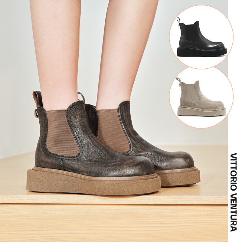 周深同款VITTORIO VENTURA薇薇燃 牛皮轻厚底松紧切尔西短靴