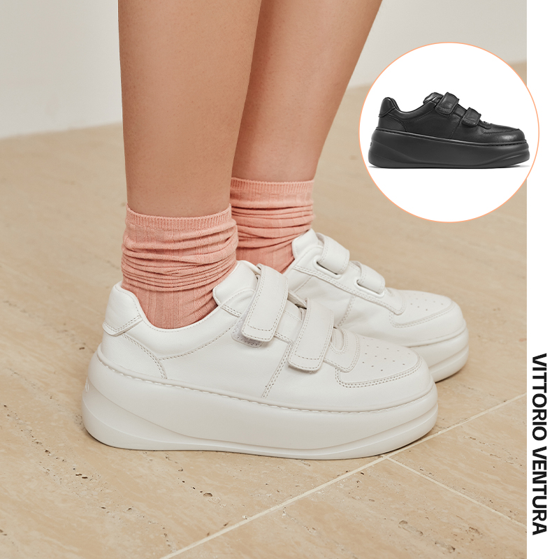 董璇同款VITTORIO VENTURA薇薇燃 牛皮魔术贴厚底运动小白鞋
