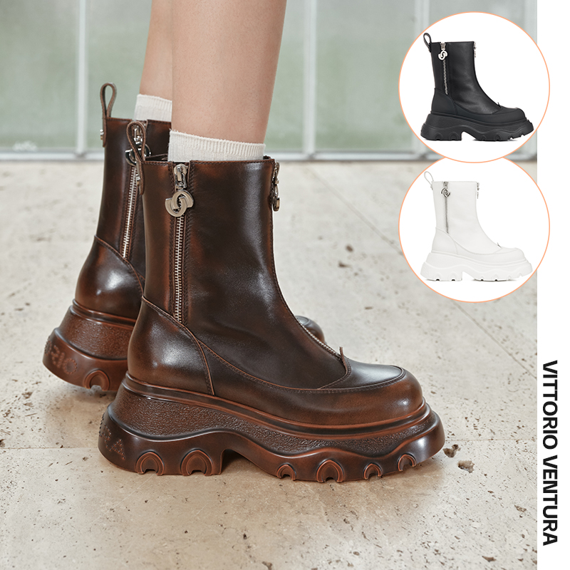 陈都灵同款VITTORIO VENTURA薇薇燃 牛皮厚底增高拉链马丁靴