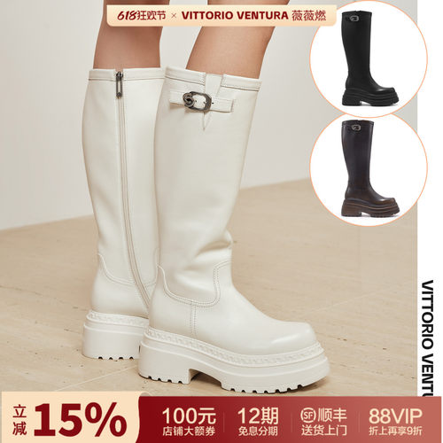 【李小冉孟子义同款】VITTORIOVENTURA薇薇燃 牛皮骑士靴高筒靴