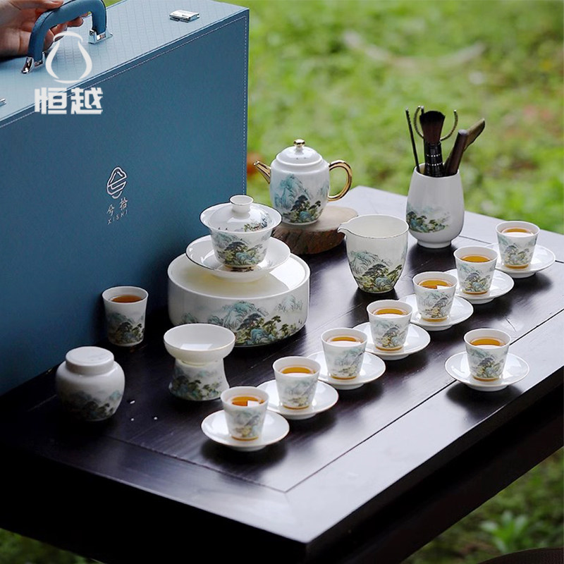 恒越 羊脂玉白瓷功夫茶具套装家用2024新款轻奢办公高端盖碗茶壶