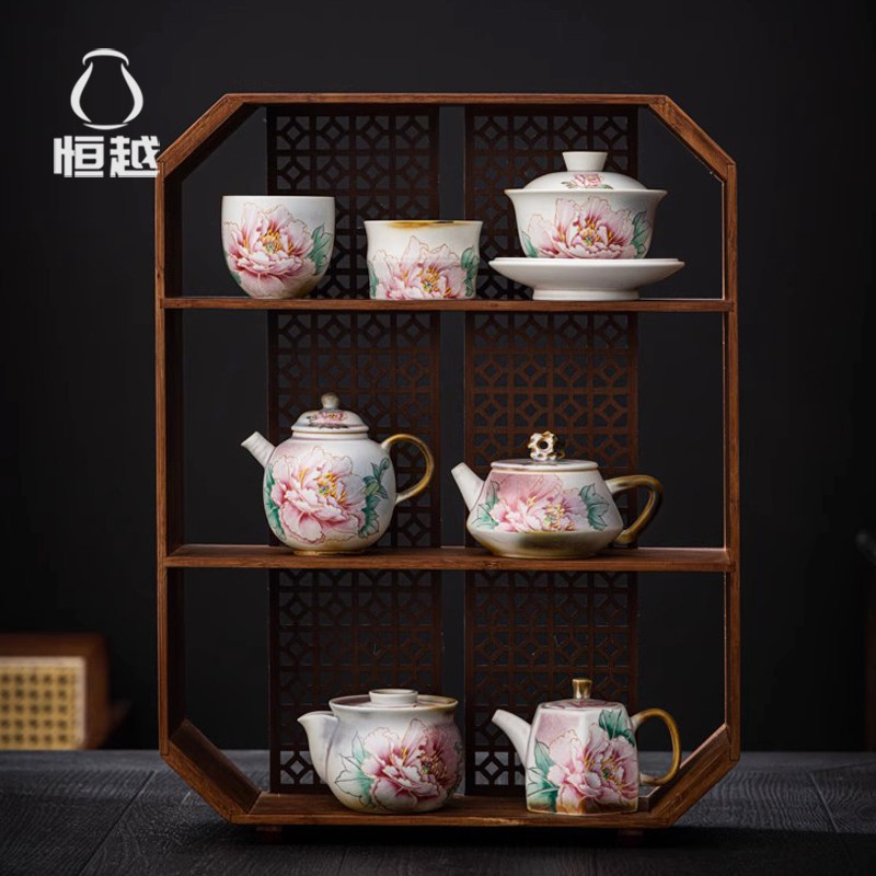 李辉熠粉柴手绘富贵牡丹一壶两杯功夫茶具泡茶壶汝瓷轻奢高档礼品