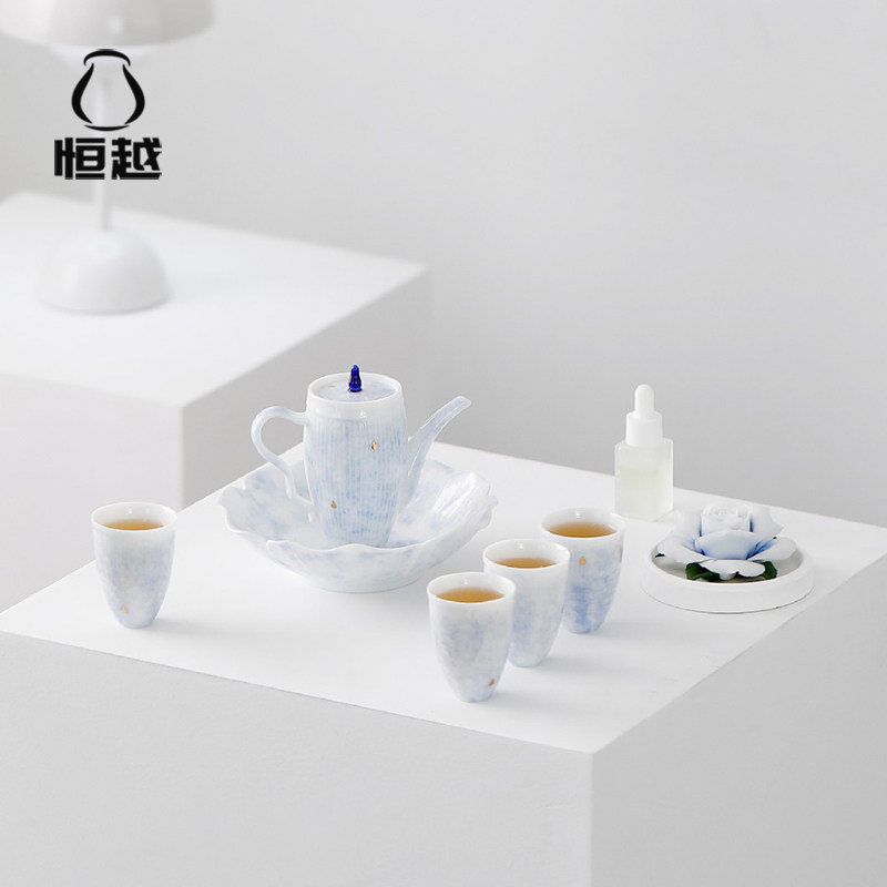 花开荼蘼迷雾蓝手捏花香薰陶瓷茶具茶壶套组轻奢无火香氛商务礼品