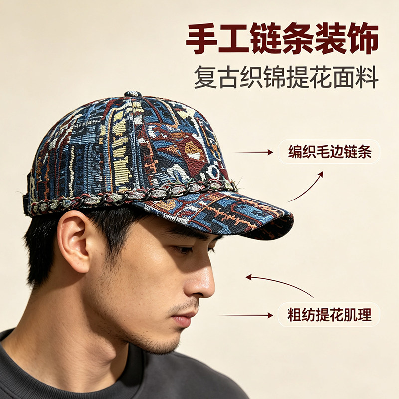 民族风复古做旧链条棒球帽