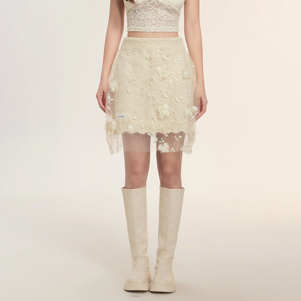 ICYNUDE官方授权 花杏网纱拼接针织半裙高腰显瘦气质时尚短裙女秋