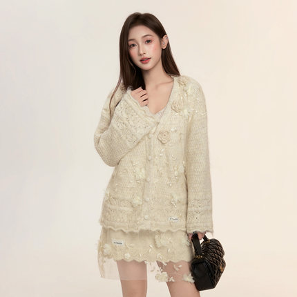 ICYNUDE官方授权 花杏网纱拼接针织开衫设计感宽松上衣女秋冬新款