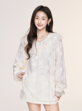 ICYNUDE官方授权 蕾丝领烫钻宽松刺绣衬衣