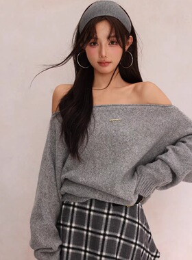 EFONI官方授权 慵懒气质卷边两穿露肩蝙蝠袖毛衣宽松休闲针织上衣