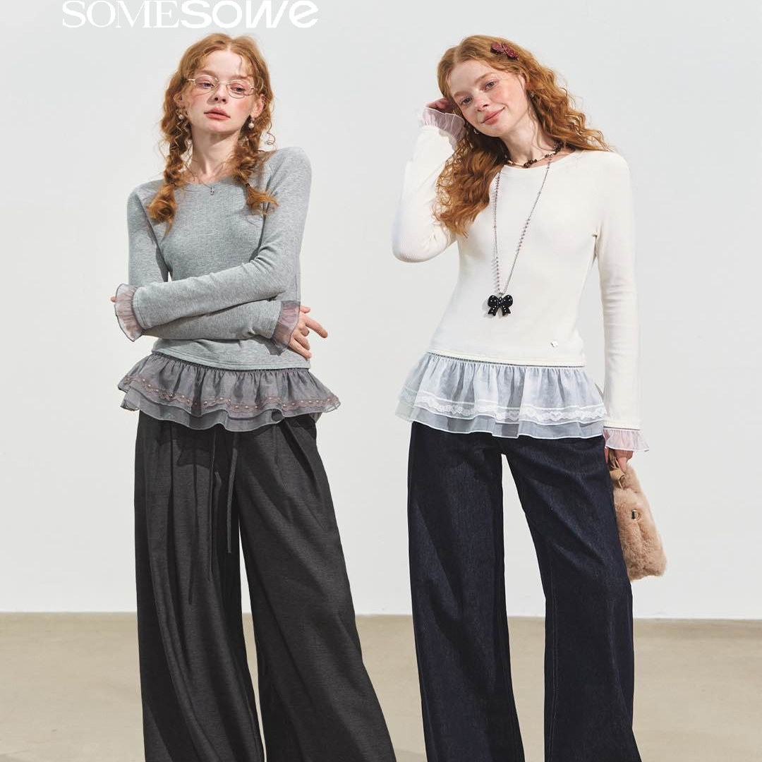 双层花边插肩袖暖绒上衣