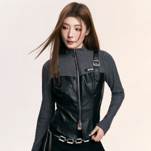 女秋冬 打底衫 ISTYNI官方授权灰色拉链拼接皮上衣修身 显瘦甜酷长袖
