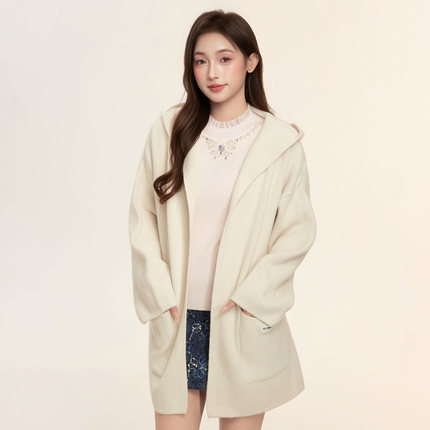 ICYNUDE官方授权 杏色连帽口袋针织开衫气质通勤外套女宽松上衣秋