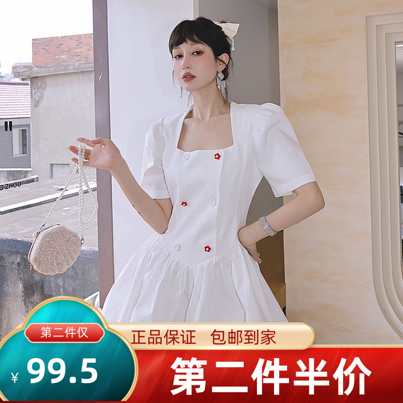 星奢买手店设计师istyni花朵扣方领西装蓬蓬连衣裙女夏季-封面