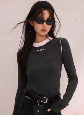 EFONI官方授权 圆领撞色修身显瘦针织衫长袖上衣时尚百搭打底衫女