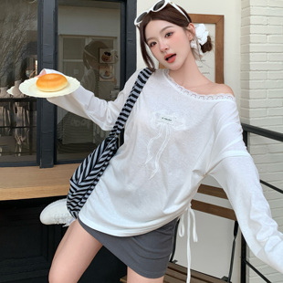 ICYNUDE白色蝴蝶结斜肩抽绳长袖T恤女宽松显瘦休闲上衣秋