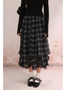 EFONI买手店不规则垂感下摆花边半身裙格纹长裙时尚百搭裙子新款