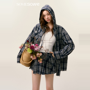 SOMESOWE买手店格纹连帽衬衫格纹系带百褶裙裤女休闲时尚套装新款
