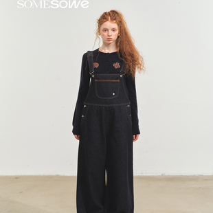 SOMESOWE买手店设计师原色牛仔翻边背带裤甜美减龄休闲裤子女新款