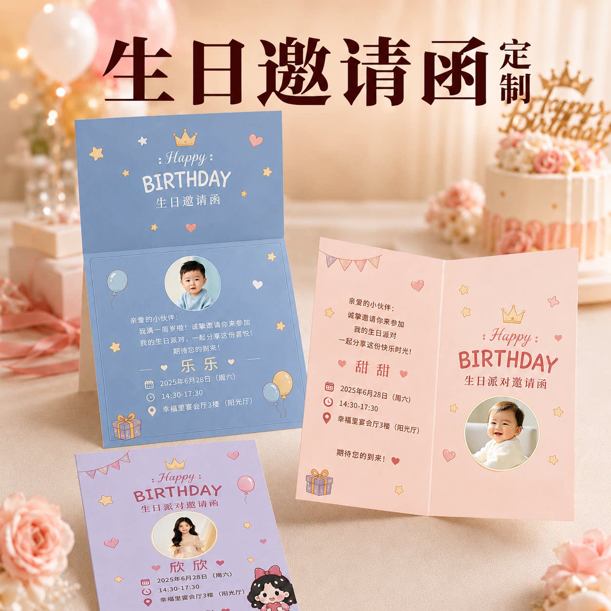 生日邀请函定制请柬宝宝照片儿童派对周岁宴请帖卡片折页设计制作