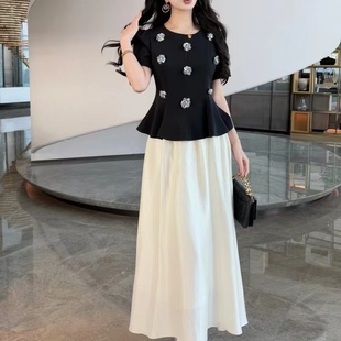 高腰半身裙两件套女 2025夏新款 十三行法式 气质圆领钉珠短袖 上衣