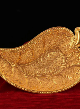 西藏收地宫出土老青铜掐丝鎏金树叶盘子果盘供盘家居用品