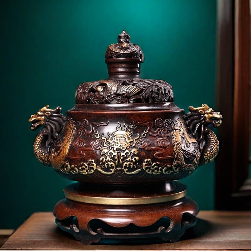 古玩收藏紫铜鎏金双龙戏珠带底座香薰炉盘香炉熏香炉家居茶台摆件