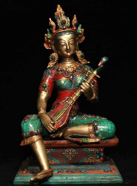 纯铜彩绘镶嵌宝石观音尼泊尔手工