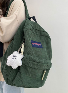 复古灯芯绒书包女大学生简约背包ins日系高中初中生大容量双肩包