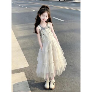 2026夏季新款女童纯色简约背心牛仔拼接网纱背带裙套装韩系两件套