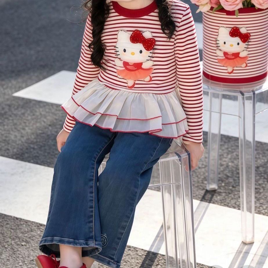 2026秋冬新款女童套装洋气卡通条纹拼接纱纱打底牛仔喇叭裤两件套