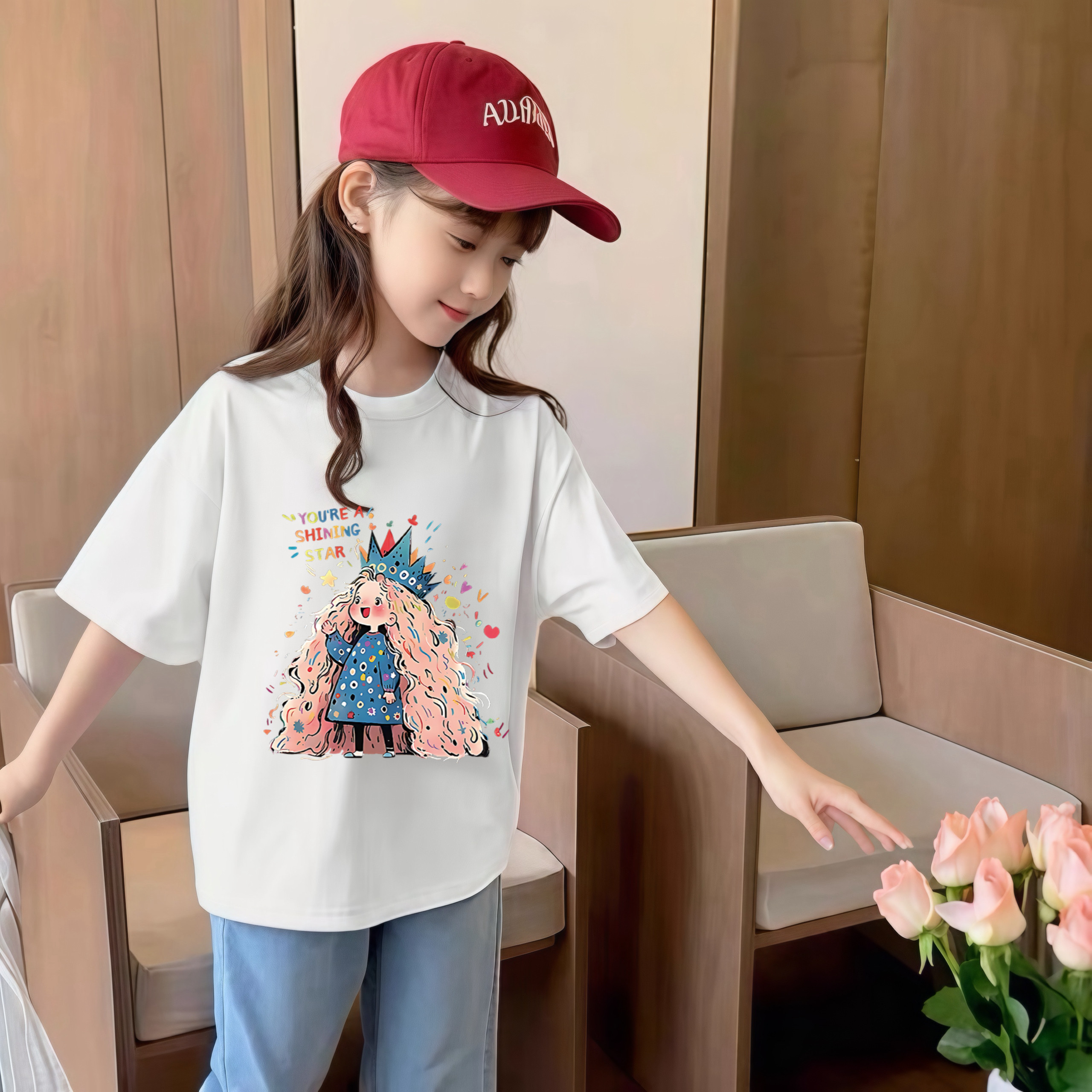 儿童夏季韩范卡通图案拼色女童休闲纯棉短袖宽松T恤中小童女宝宝