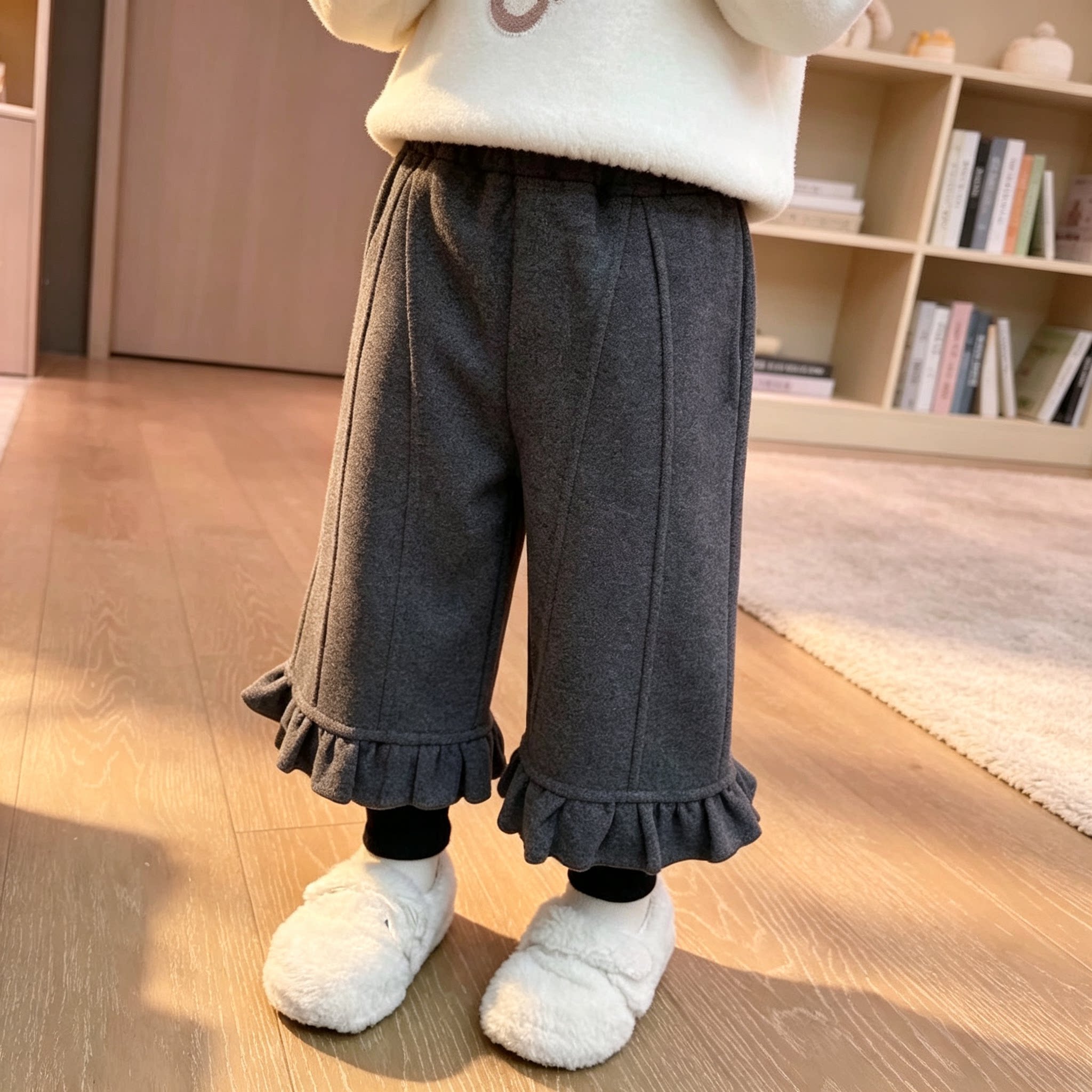 女童秋冬季假两件裤子韩系休闲洋气宝宝加绒保暖宽松裤卷边休闲风