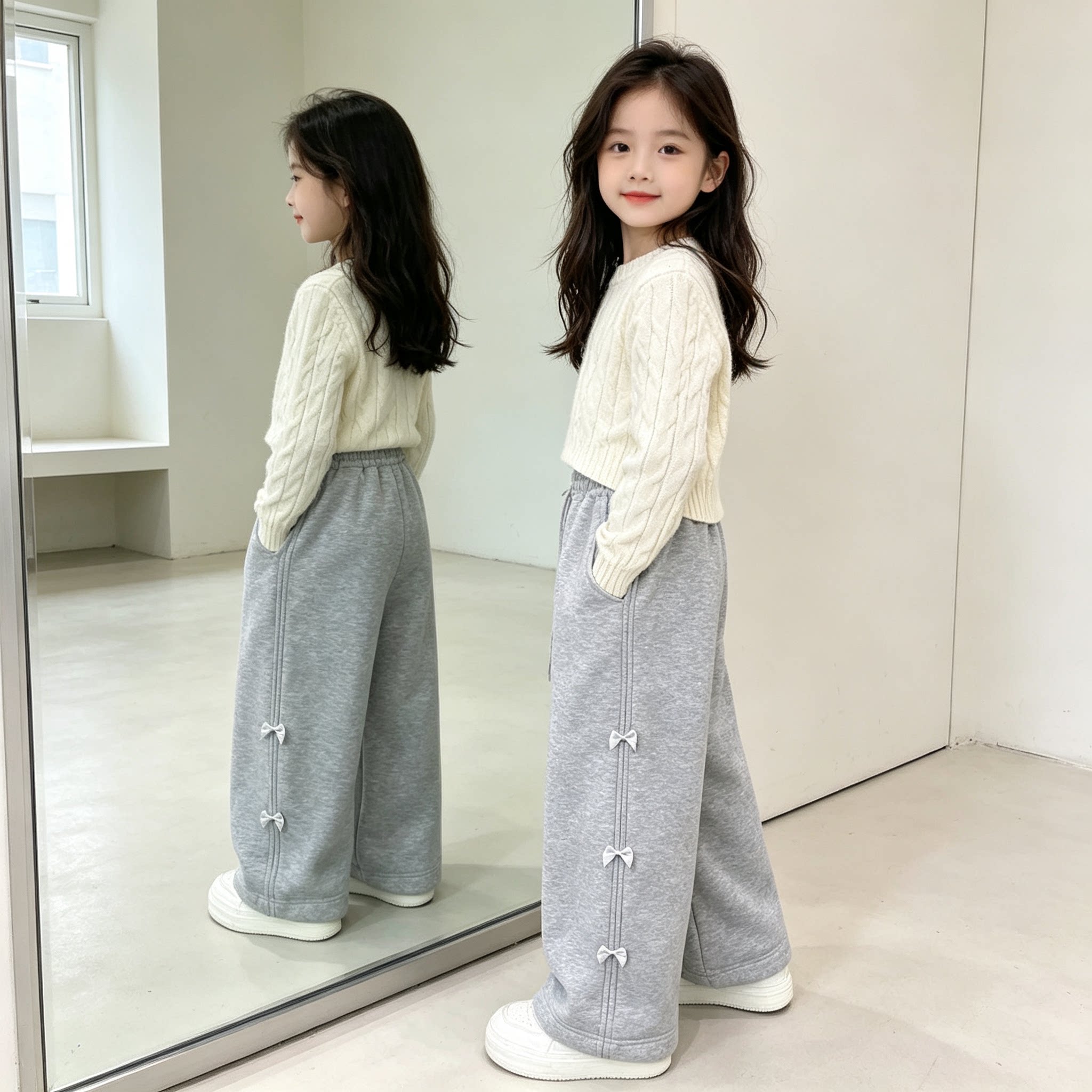女童加绒卫裤秋冬新款2026儿童冬装韩版洋气阔腿裤女孩直筒休闲裤