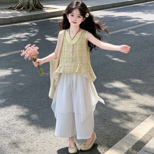 女童夏季雪纺套装2026新款儿童夏装小清新百搭格子背心韩系三件套
