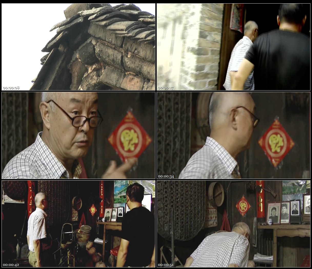 古村古建筑村民观看祖屋亲人相片鞠躬植物高清实拍视频素材 - 实物图