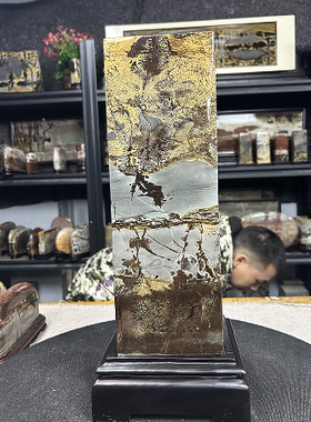 国画石四方柱奇石天然原石家用客厅玄关草花石头摆件办公室观赏石