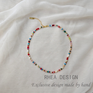 森系多巴胺天然石串珠珍珠项链女小众设计感气质百搭春夏锁骨链