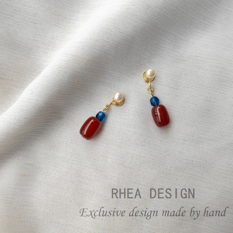 新中式淡水珍珠红玛瑙耳环复古文艺短款气质耳饰无痛耳夹