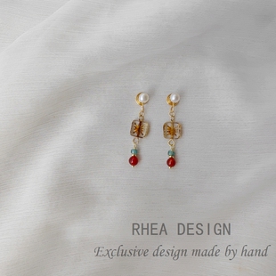 原创设计复古手工琉璃耳环女小众设计感高级耳钉耳饰无痛珍珠耳夹