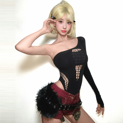 黑色性感单肩连体爵士舞演出服