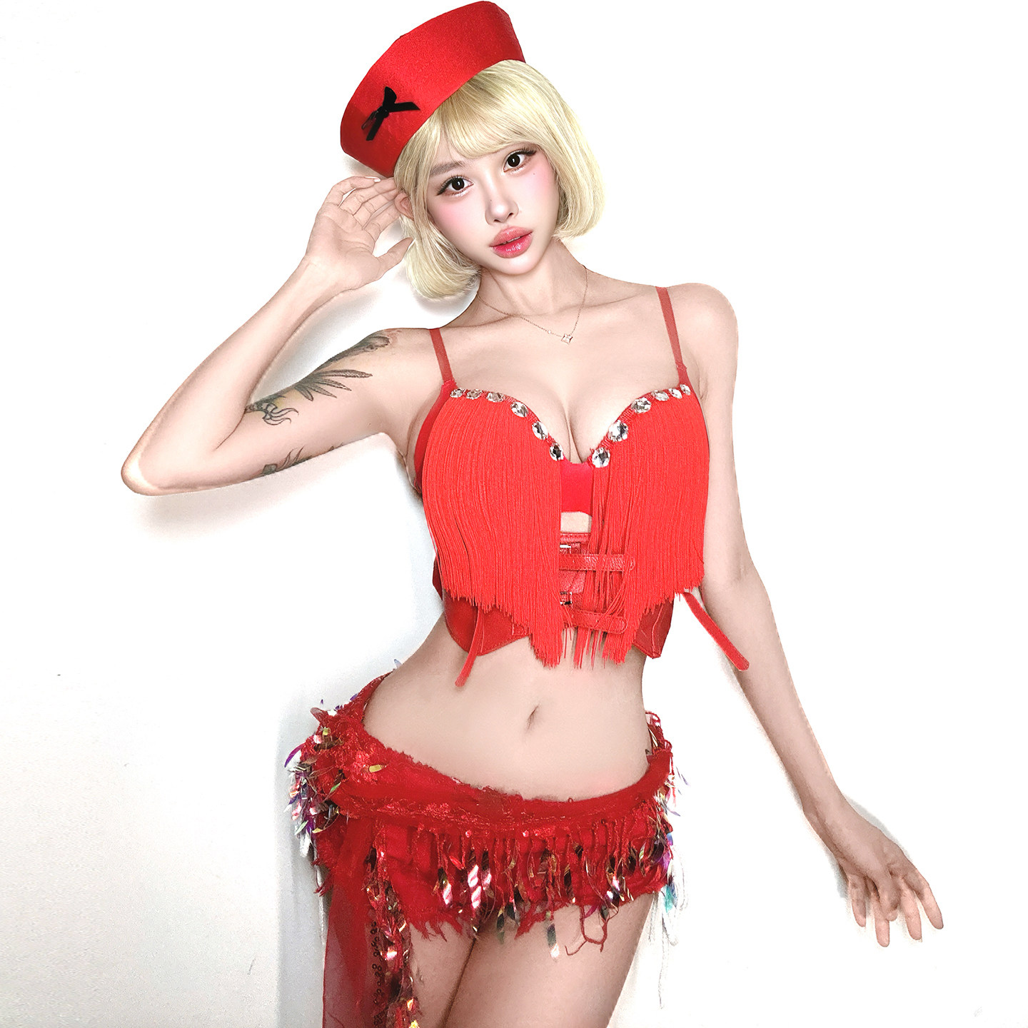 红色流苏拉丁舞蹈服装舞台装女团酒吧演出服性感夜店gogo爵士舞服