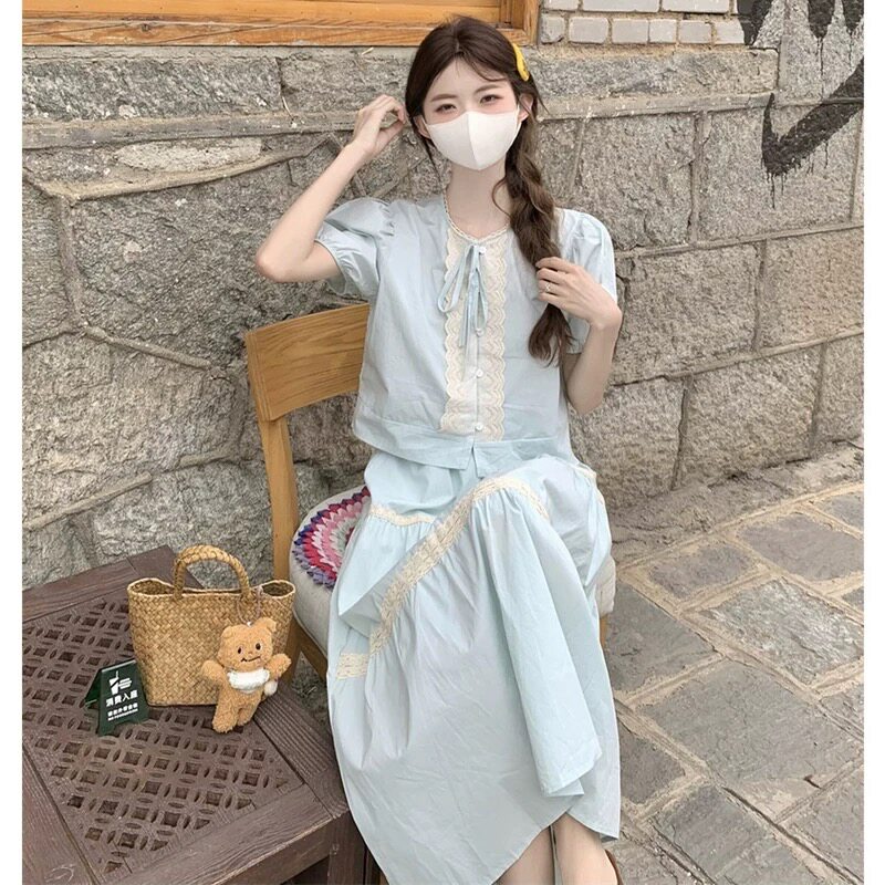12岁大童13少女15初中学生夏季泡泡袖小衫半身裙法式田园套装裙子