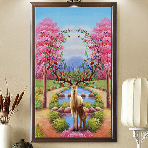 风景麋鹿钻石画竖版玄关现代简约