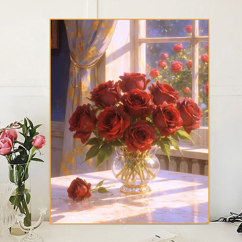 玫瑰花瓶钻石画客厅餐厅现代简约